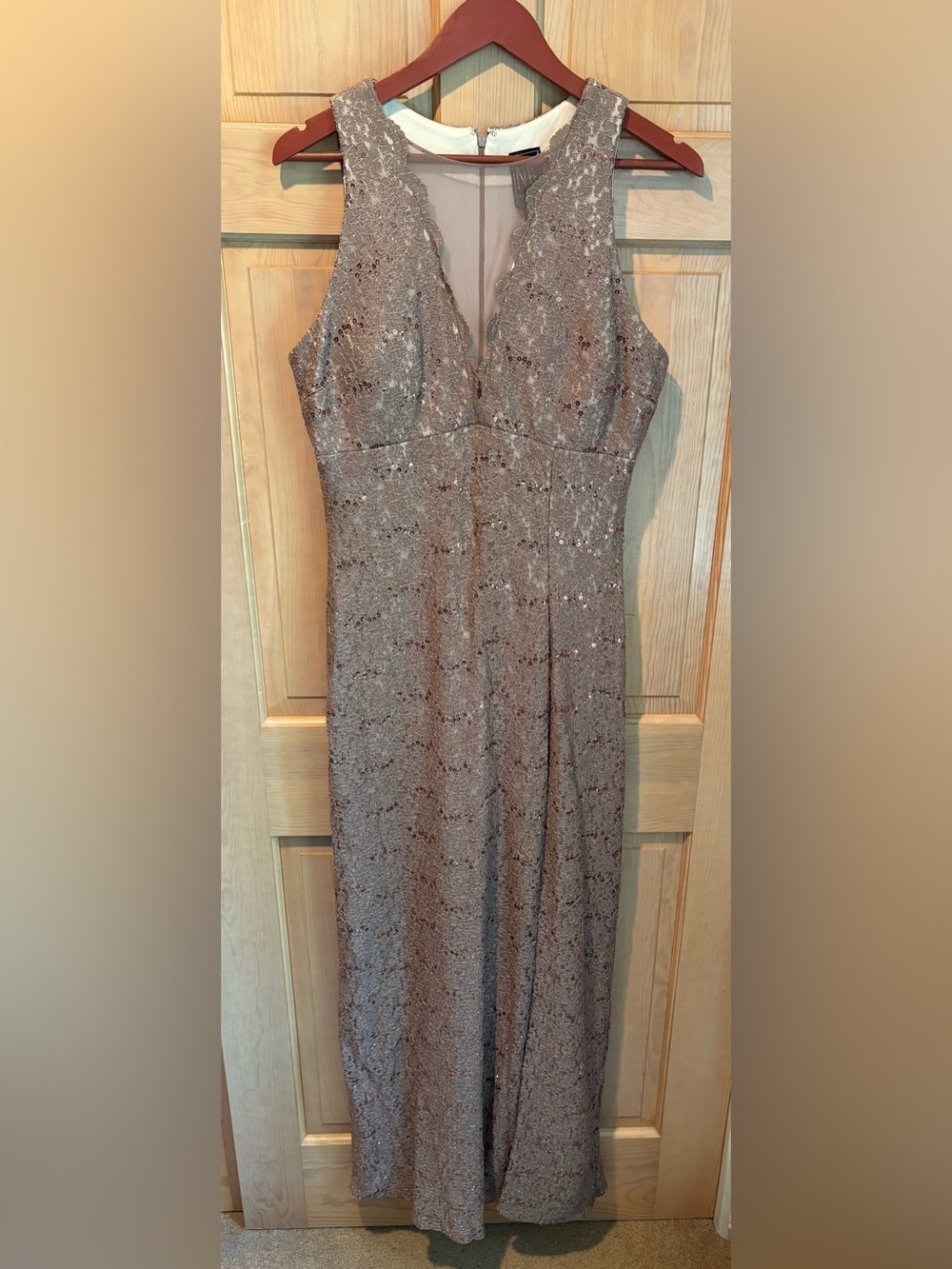 Sleeveless Taupe Lace Maxi Dress with Sequins